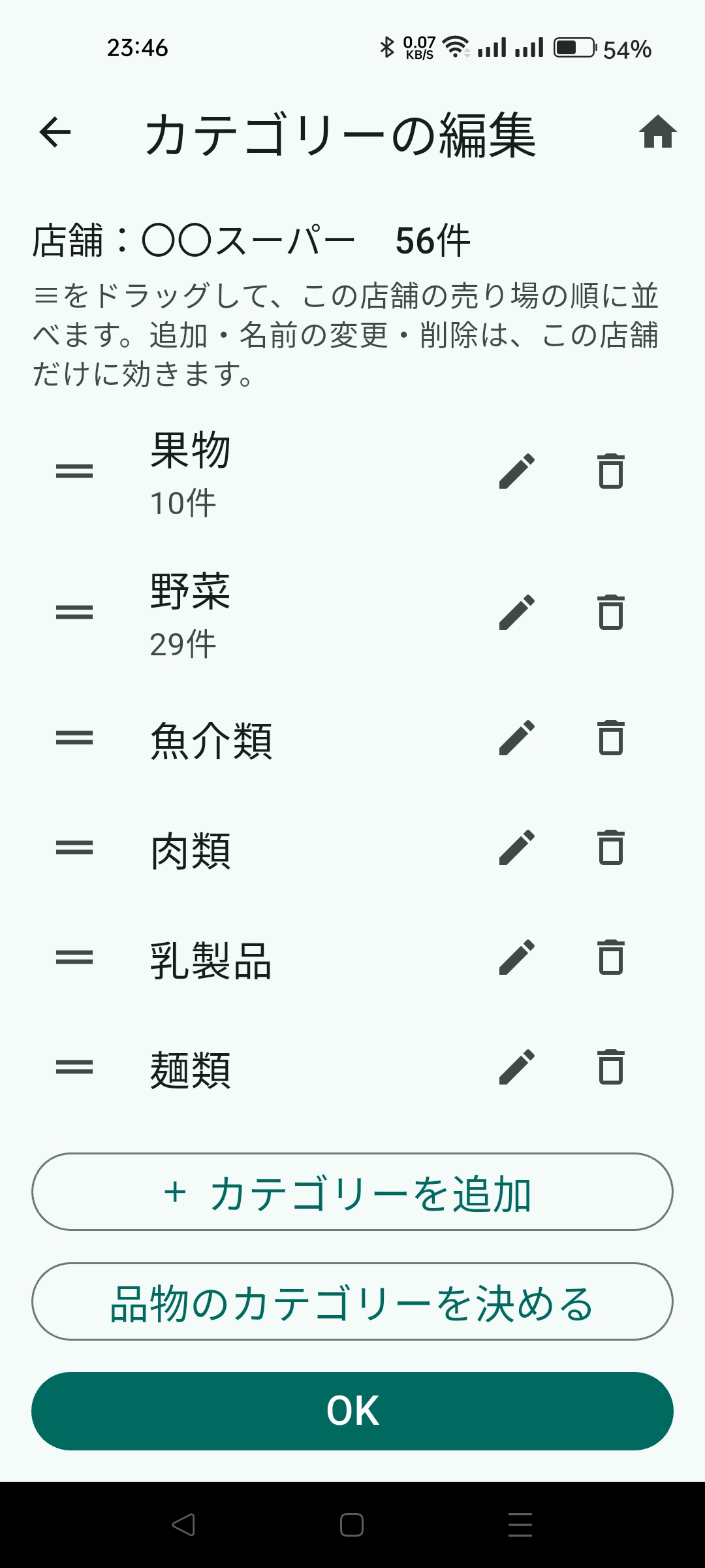 カテゴリーの編集の画面（追加・名前の変更・削除）